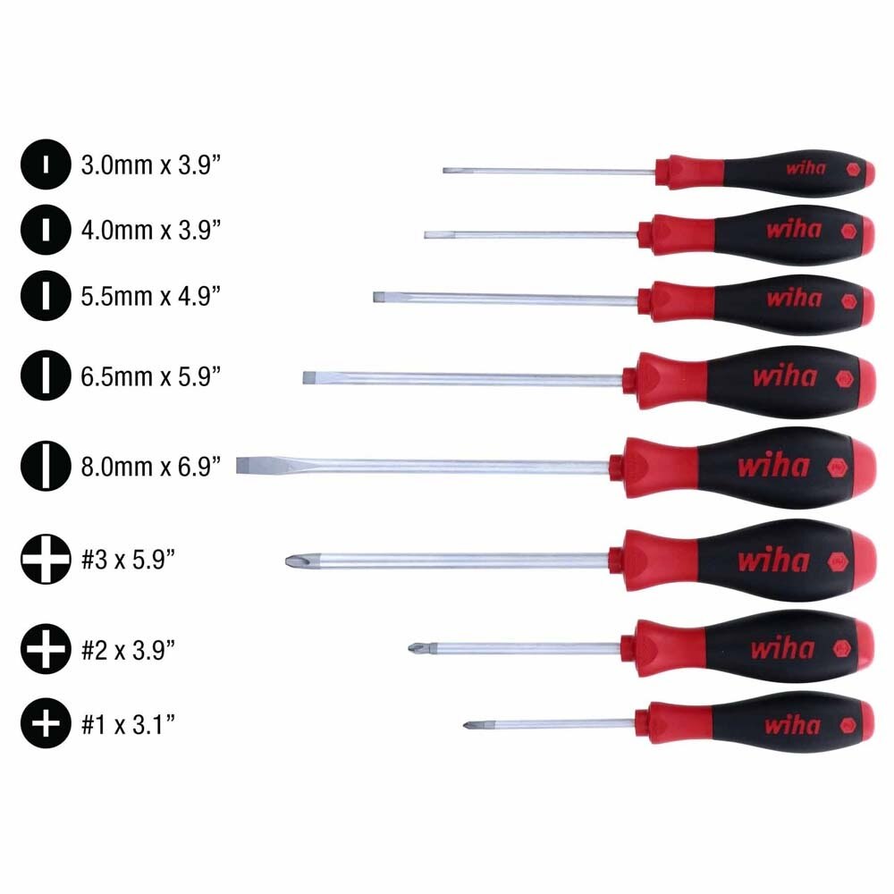 Wiha 30298 8 Piece SoftFinish Slotted and Phillips Screwdriver Set