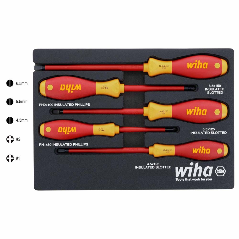 Wiha 32081 5 Piece Insulated SoftFinish Cushion Grip Screwdriver Tray Set