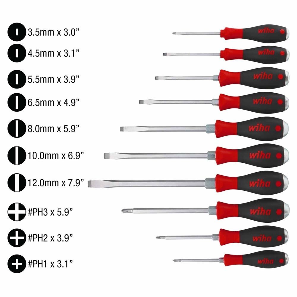 Wiha 53099 10 Piece SoftFinish X Heavy Duty Slotted and Phillips Screwdriver Set
